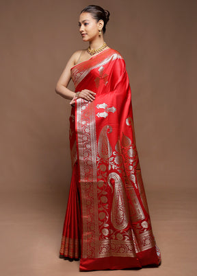Red Handloom Banarasi Pure Silk Saree With Blouse Piece