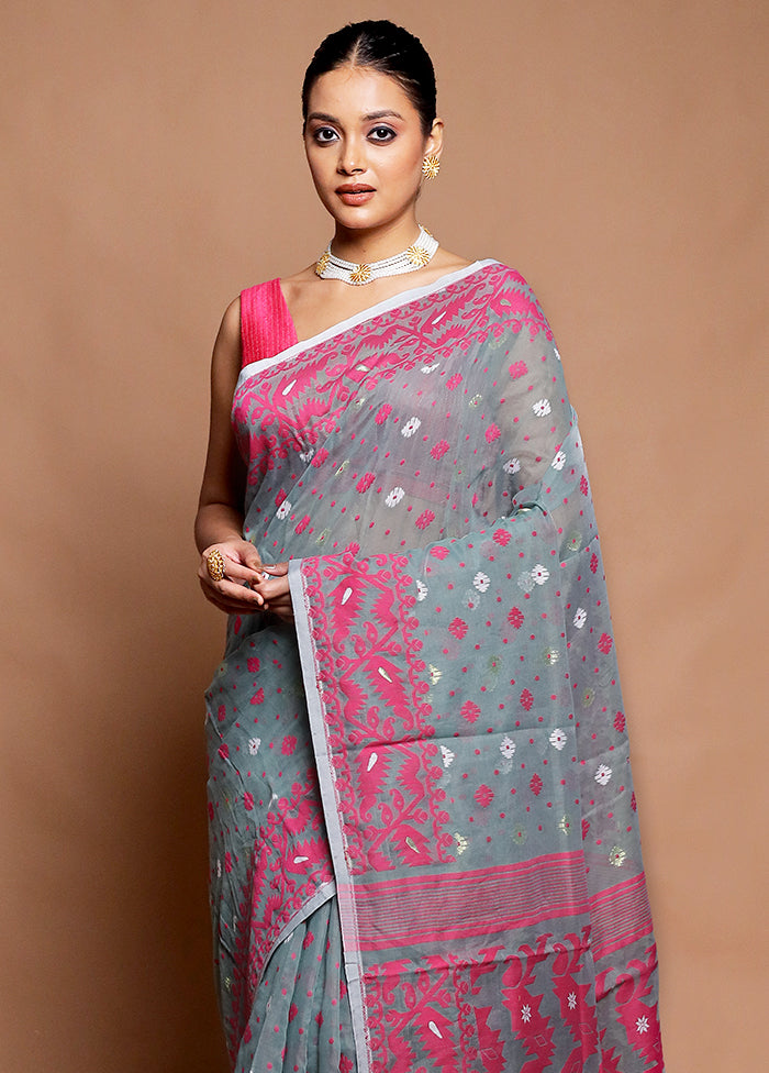 Grey Tant Jamdani Saree Without Blouse Piece