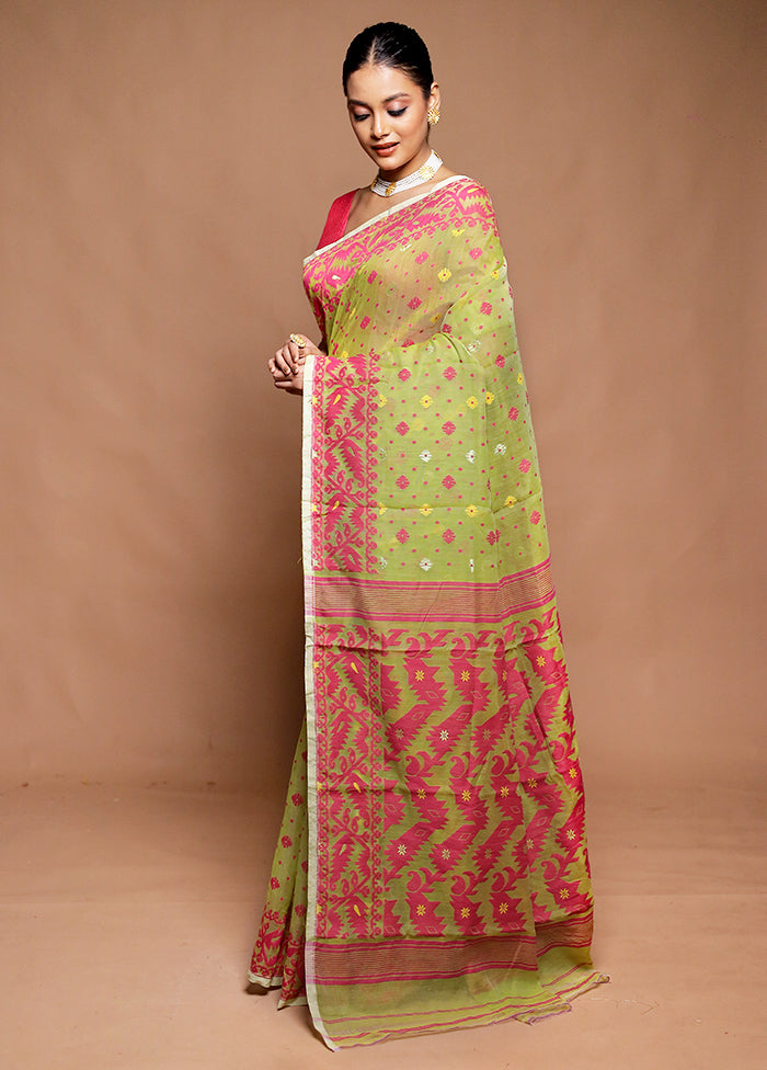 Green Tant Jamdani Saree Without Blouse Piece