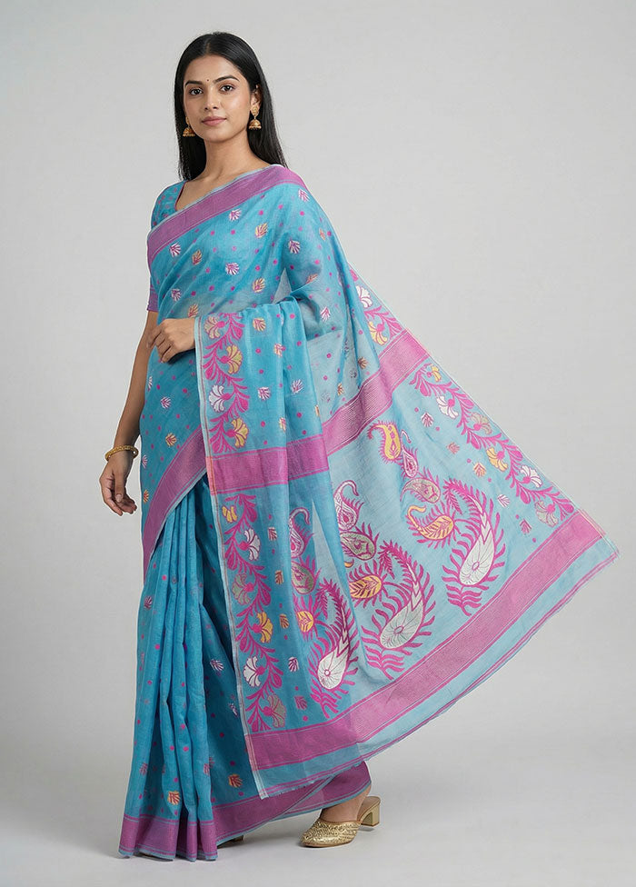 Blue Jamdani Cotton Saree Without Blouse Piece
