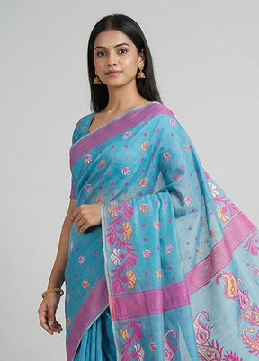 Blue Jamdani Cotton Saree Without Blouse Piece