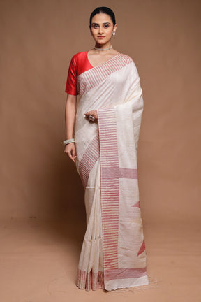 White Handloom Matka Pure Silk Saree With Blouse Piece