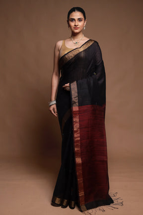 Black Handloom Matka Pure Silk Saree With Blouse Piece