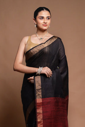 Black Handloom Matka Pure Silk Saree With Blouse Piece