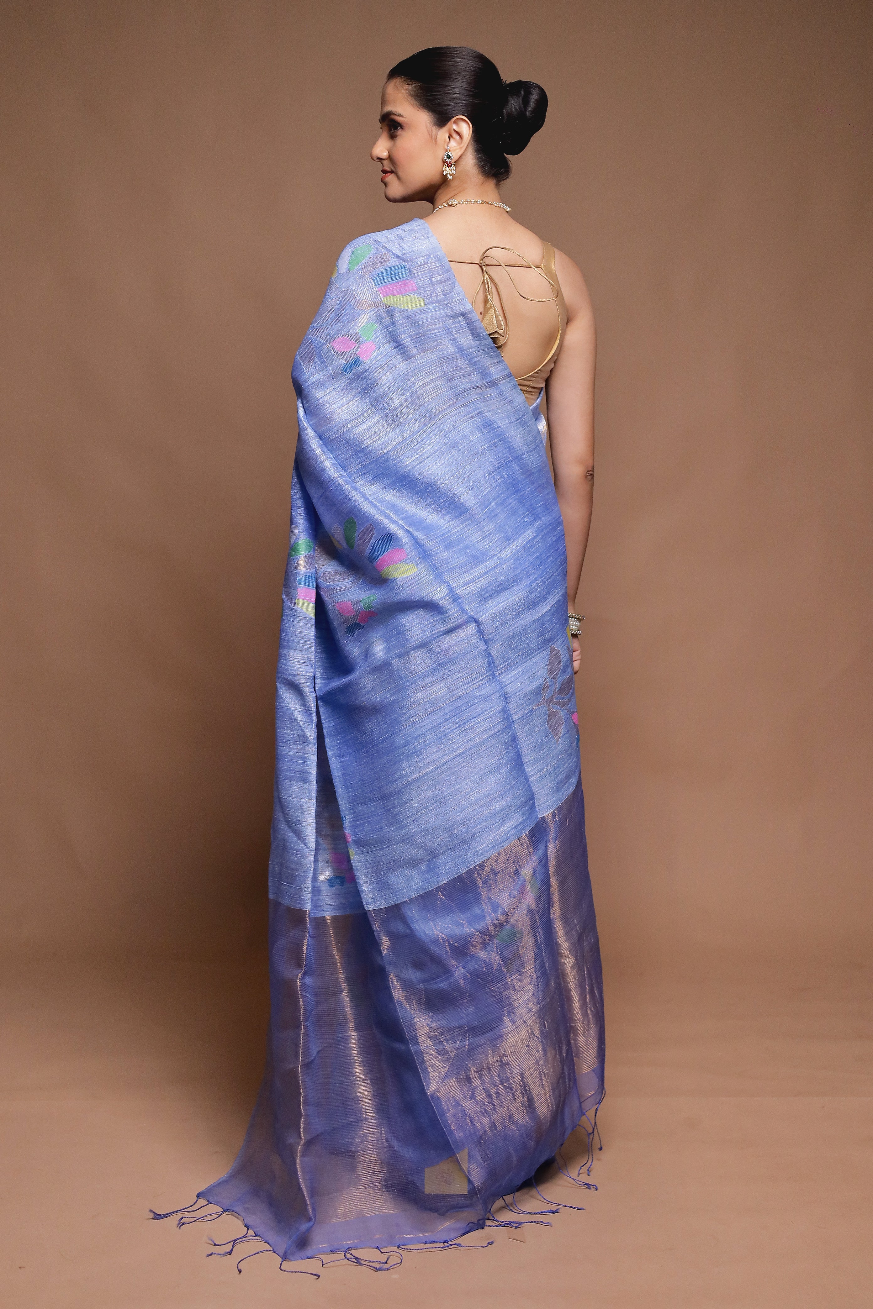 Blue Handloom Matka Pure Silk Saree With Blouse Piece