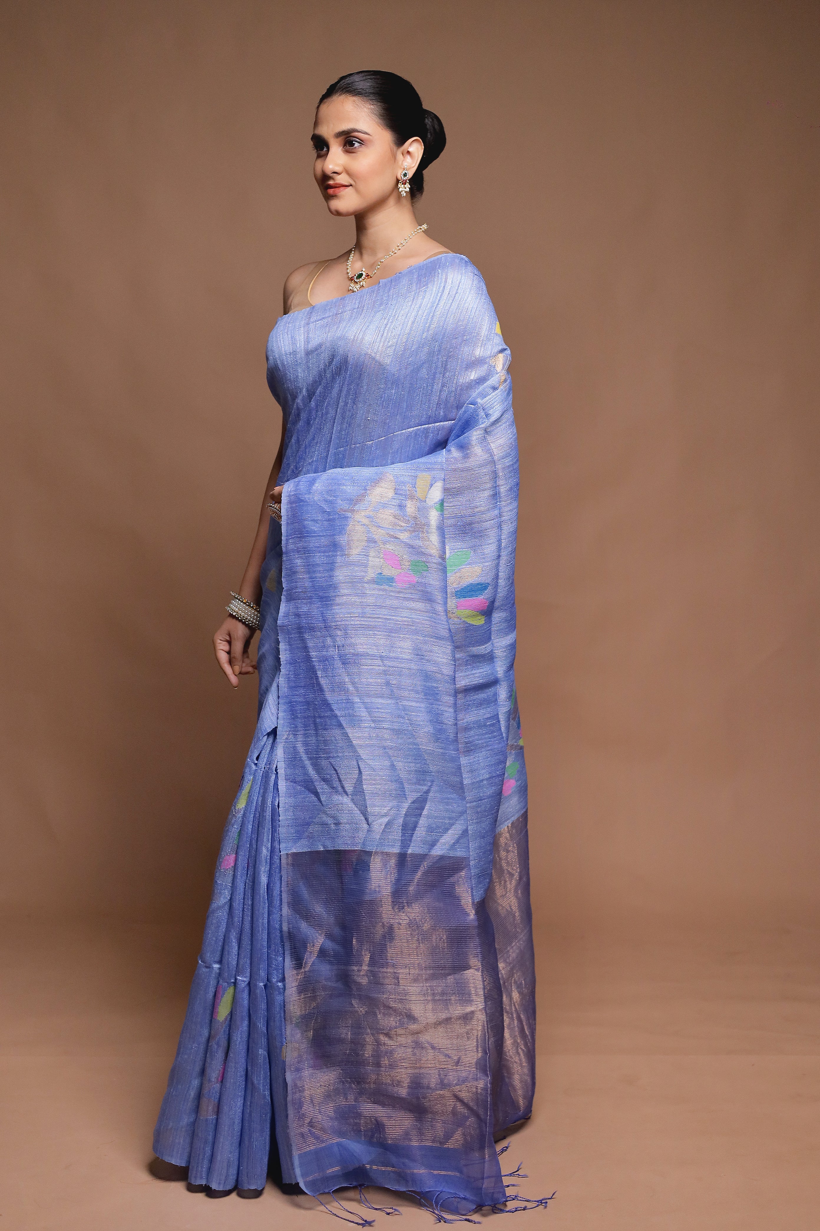 Blue Handloom Matka Pure Silk Saree With Blouse Piece