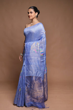 Blue Handloom Matka Pure Silk Saree With Blouse Piece