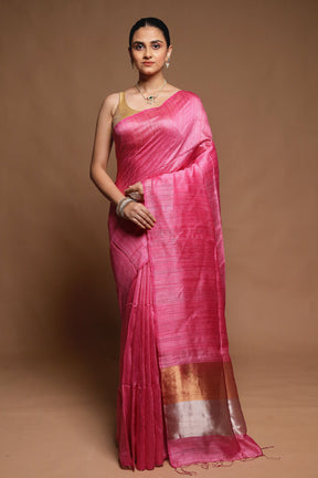 Pink Handloom Matka Pure Silk Saree With Blouse Piece