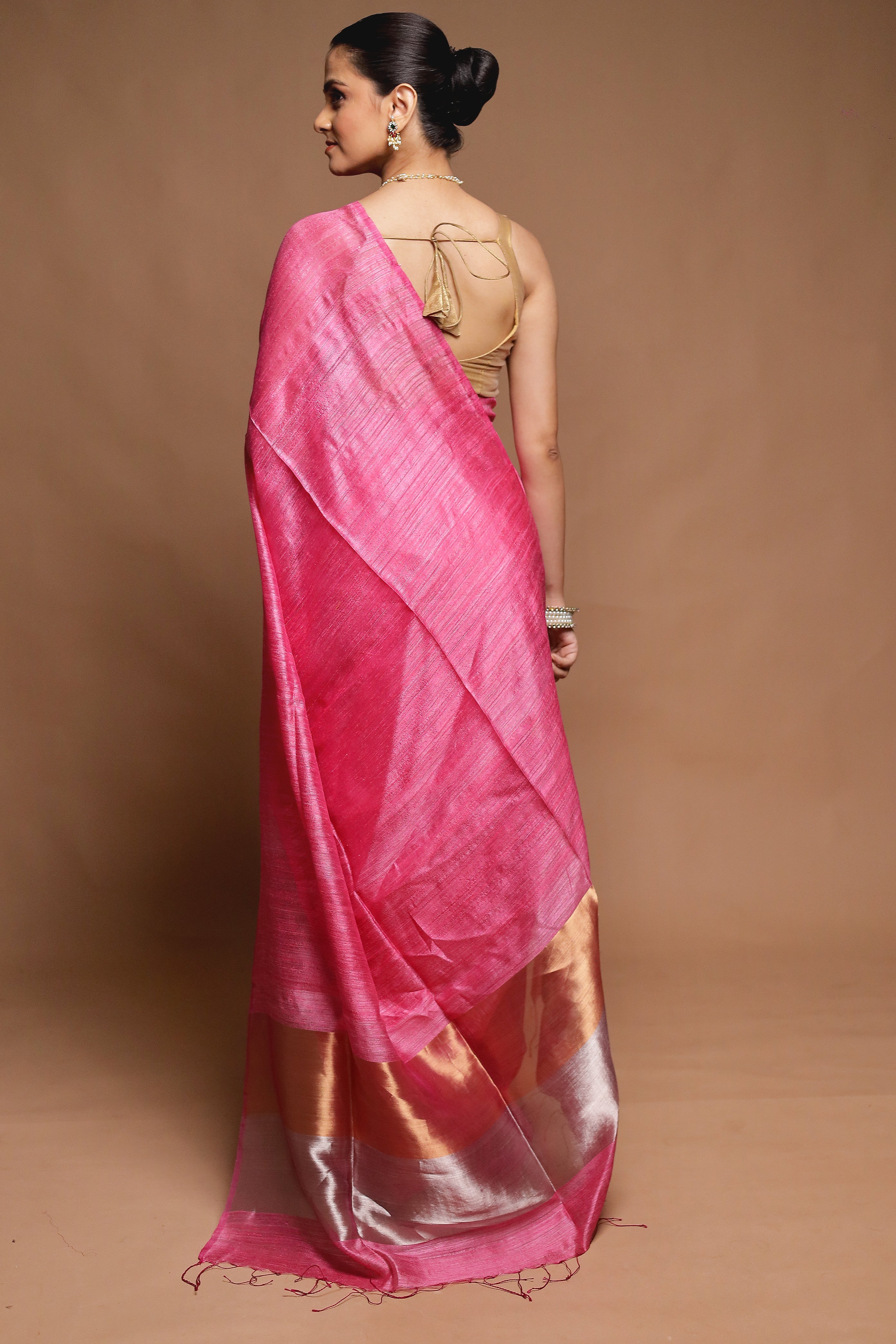 Pink Handloom Matka Pure Silk Saree With Blouse Piece