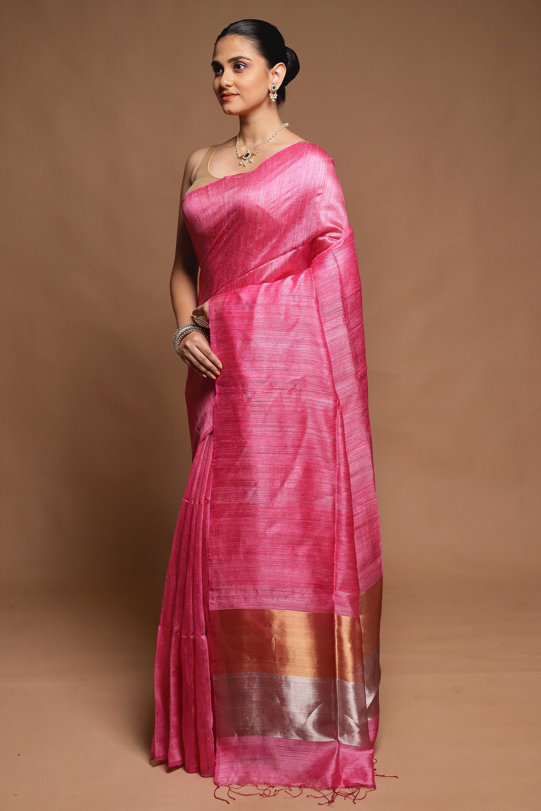Pink Handloom Matka Pure Silk Saree With Blouse Piece