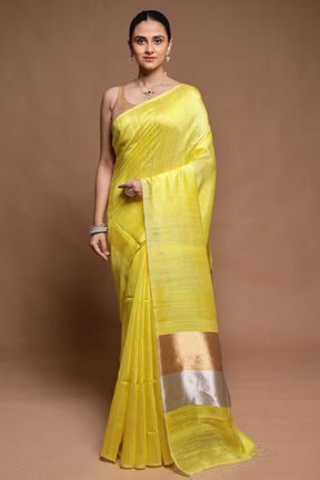 Yellow Handloom Matka Pure Silk Saree With Blouse Piece