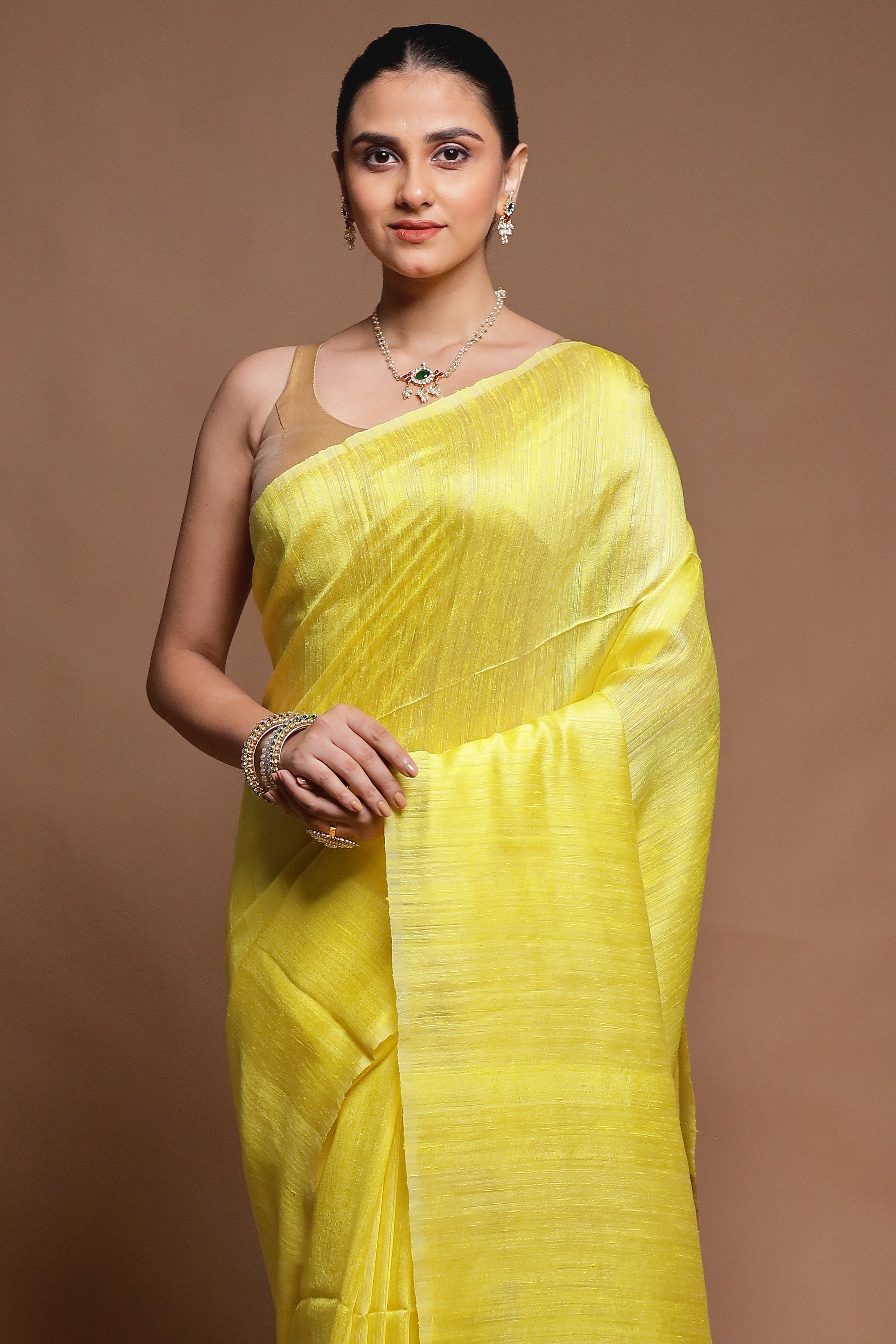 Yellow Handloom Matka Pure Silk Saree With Blouse Piece