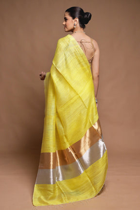 Yellow Handloom Matka Pure Silk Saree With Blouse Piece