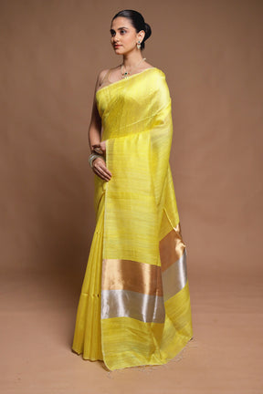 Yellow Handloom Matka Pure Silk Saree With Blouse Piece