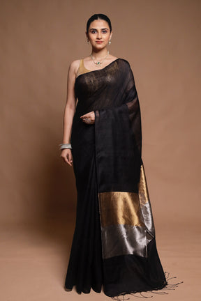 Black Handloom Matka Pure Silk Saree With Blouse Piece