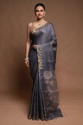 Grey Handloom Matka Pure Silk Saree With Blouse Piece