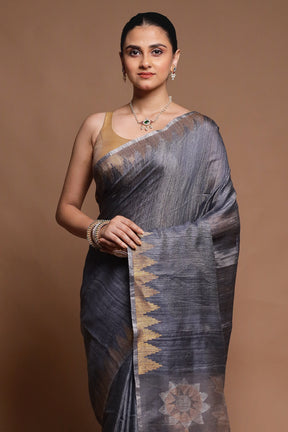 Grey Handloom Matka Pure Silk Saree With Blouse Piece