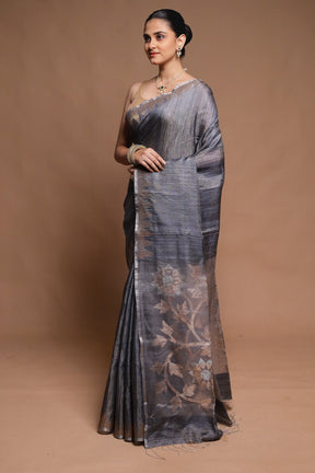 Grey Handloom Matka Pure Silk Saree With Blouse Piece