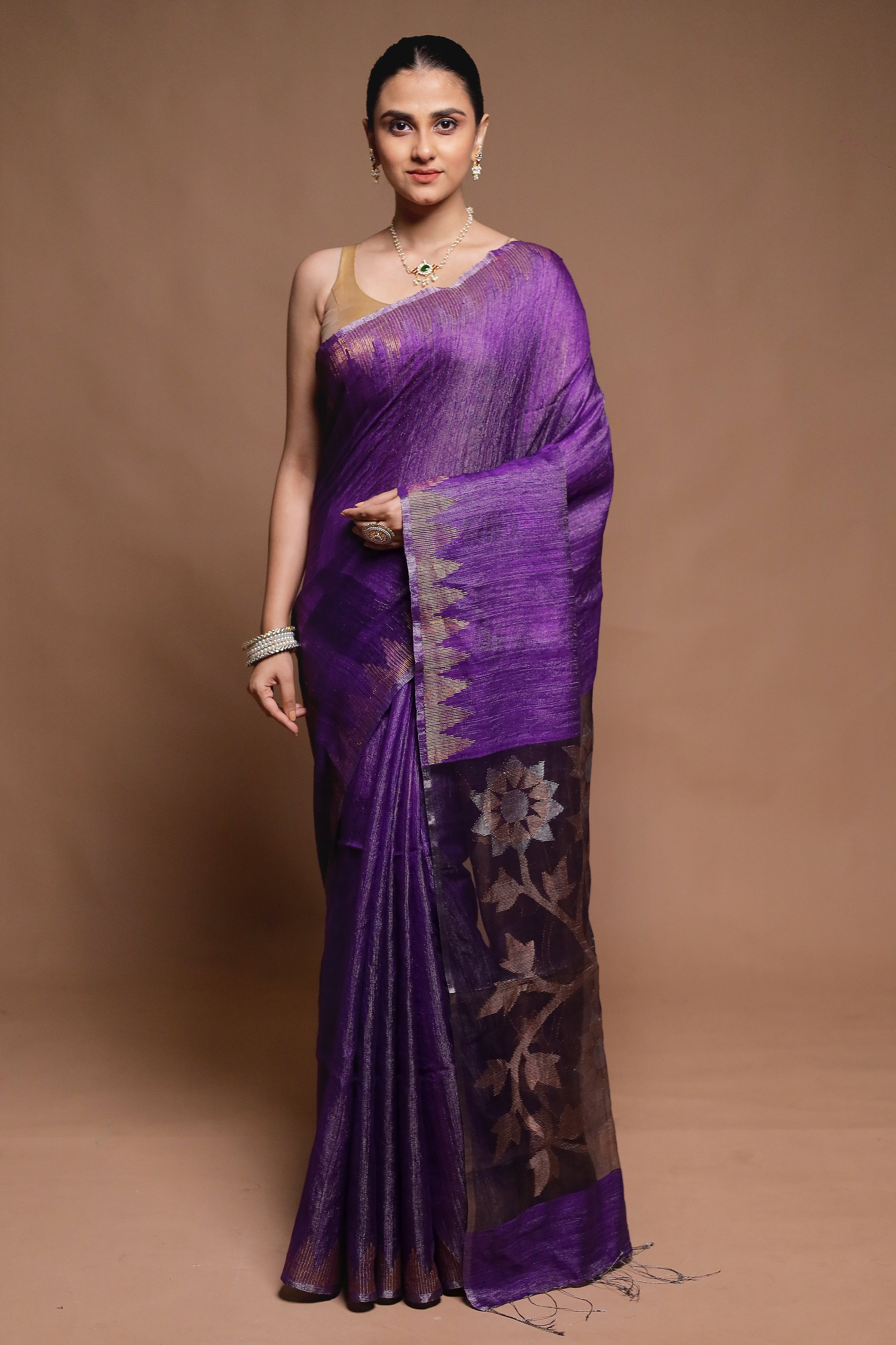 Purple Handloom Matka Pure Silk Saree With Blouse Piece