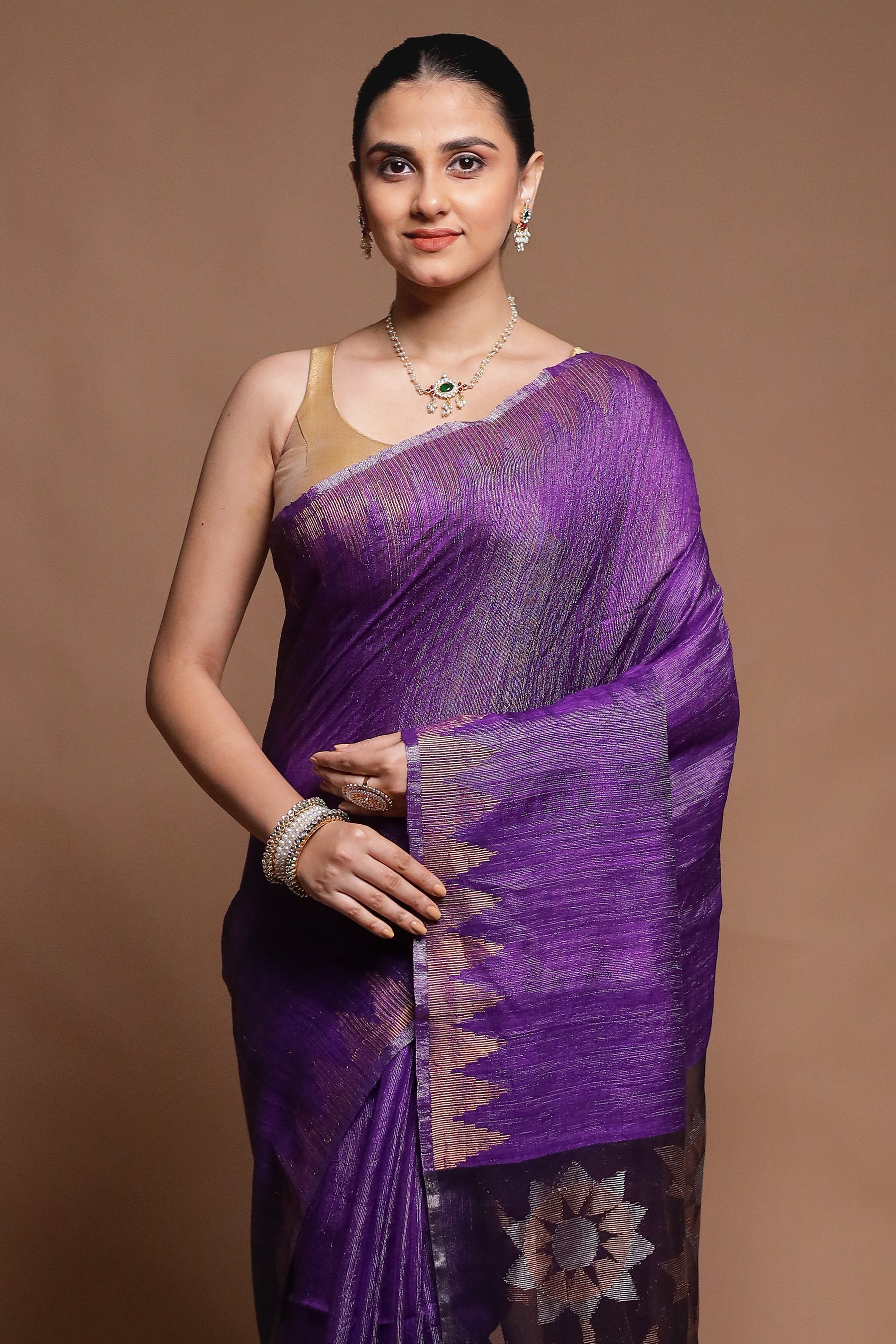 Purple Handloom Matka Pure Silk Saree With Blouse Piece