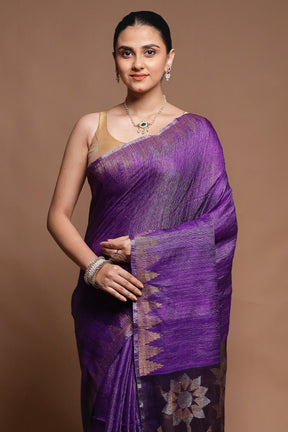 Purple Handloom Matka Pure Silk Saree With Blouse Piece