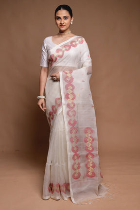 White Handloom Matka Pure Silk Saree With Blouse Piece