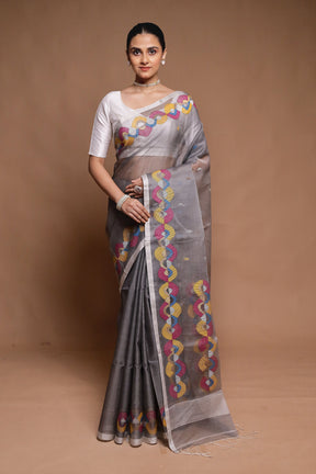 Grey Handloom Matka Pure Silk Saree With Blouse Piece