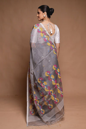 Grey Handloom Matka Pure Silk Saree With Blouse Piece