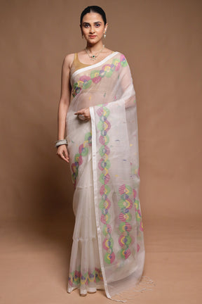 White Handloom Matka Pure Silk Saree With Blouse Piece