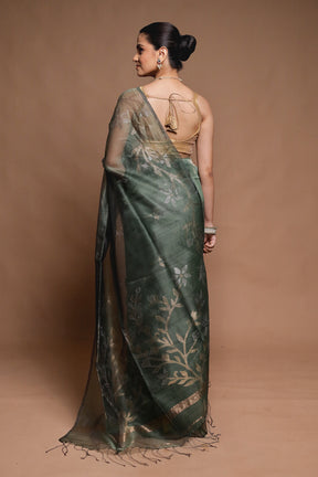 Green Handloom Matka Pure Silk Saree With Blouse Piece