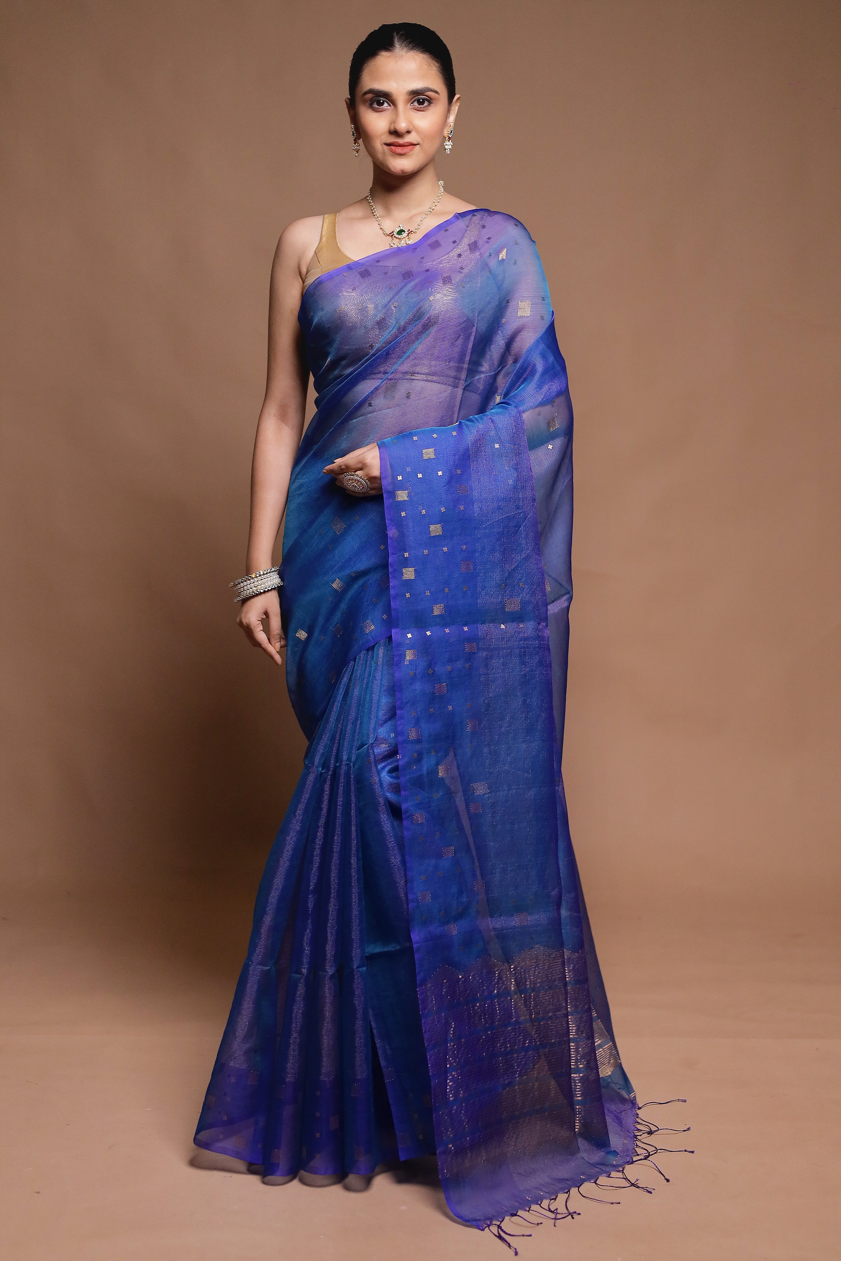 Blue Handloom Matka Pure Silk Saree With Blouse Piece