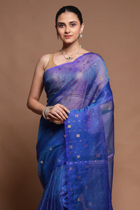 Blue Handloom Matka Pure Silk Saree With Blouse Piece