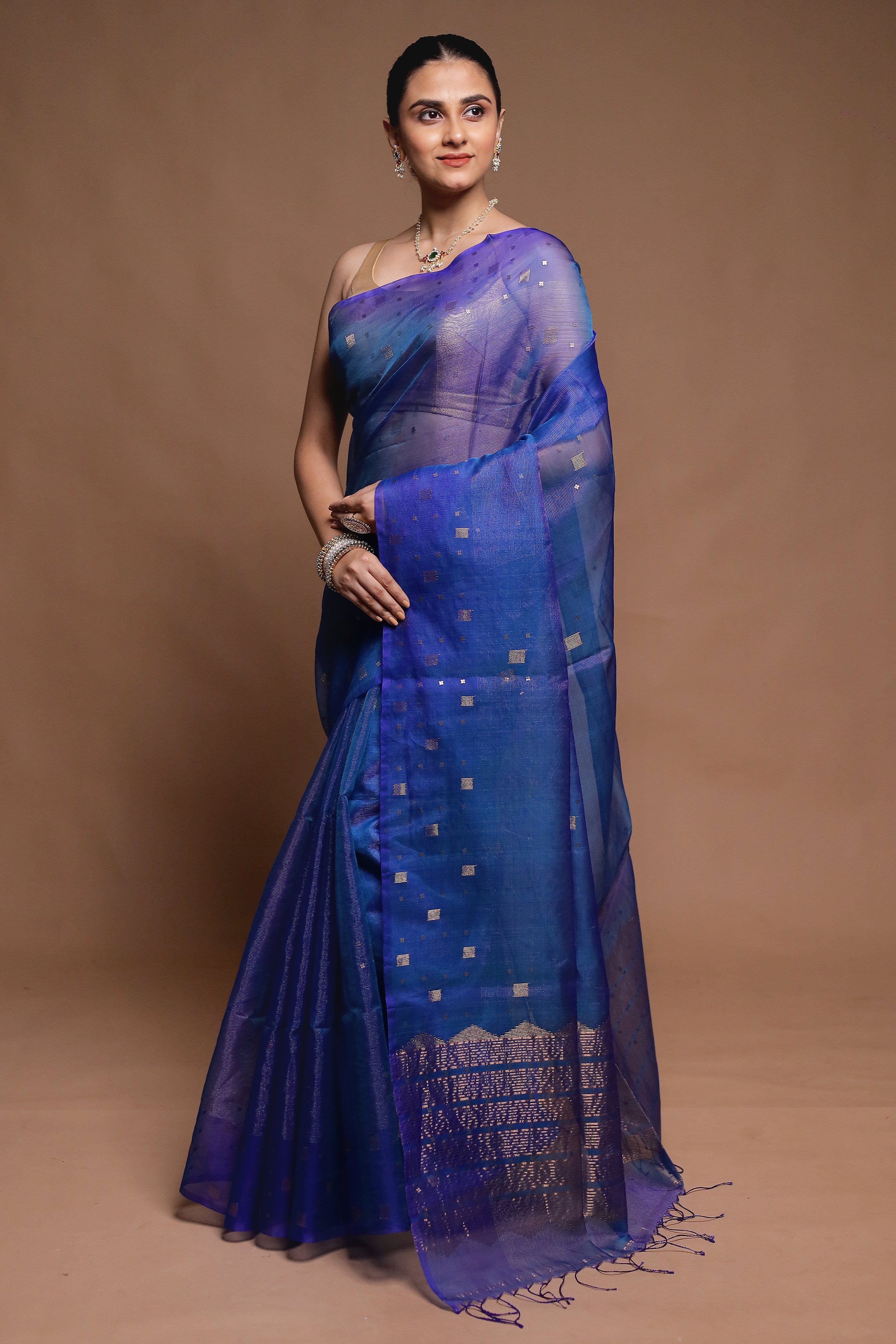 Blue Handloom Matka Pure Silk Saree With Blouse Piece