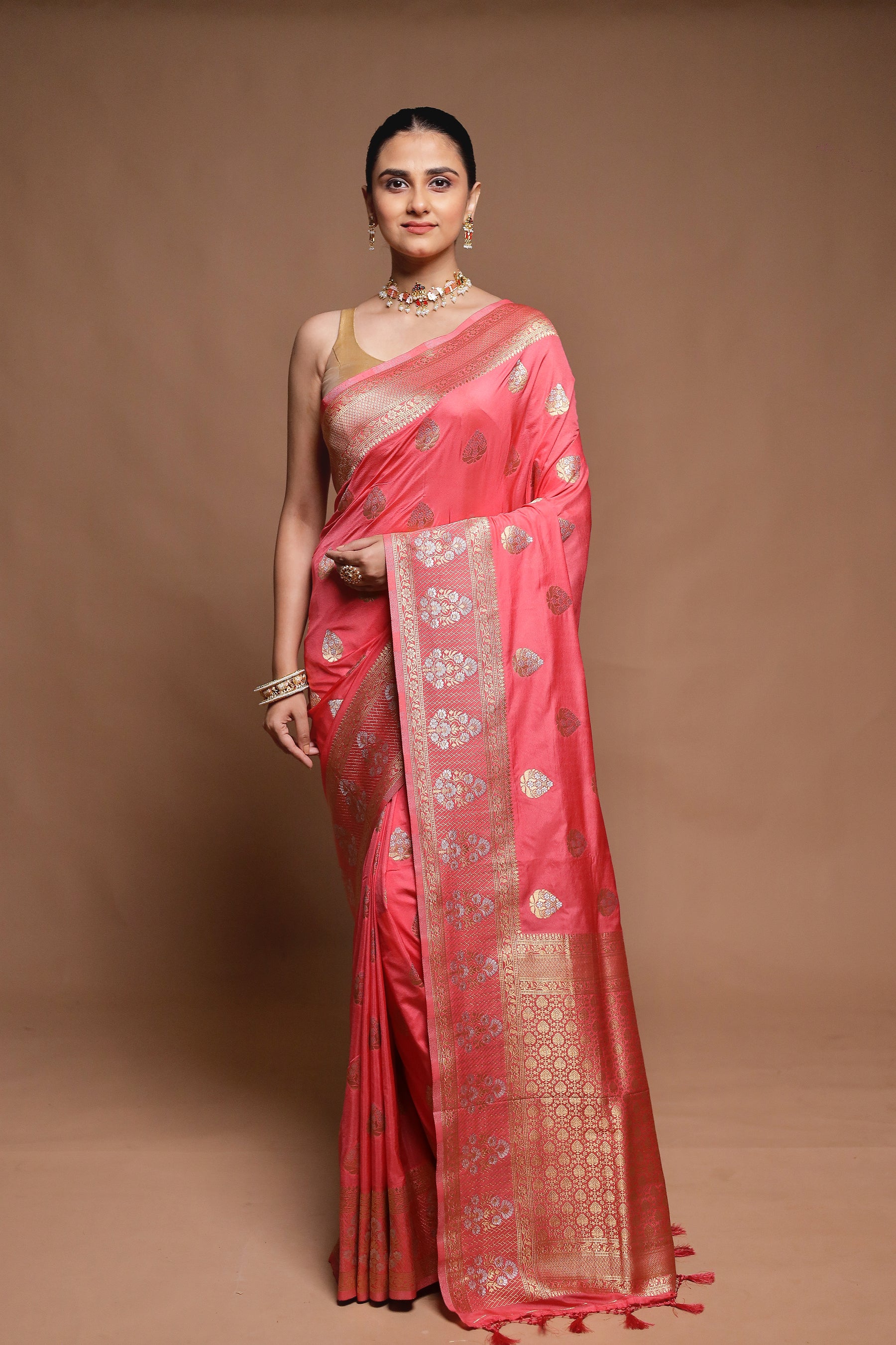 Pink Dupion Silk Saree With Blouse Piece
