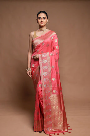 Pink Dupion Silk Saree With Blouse Piece