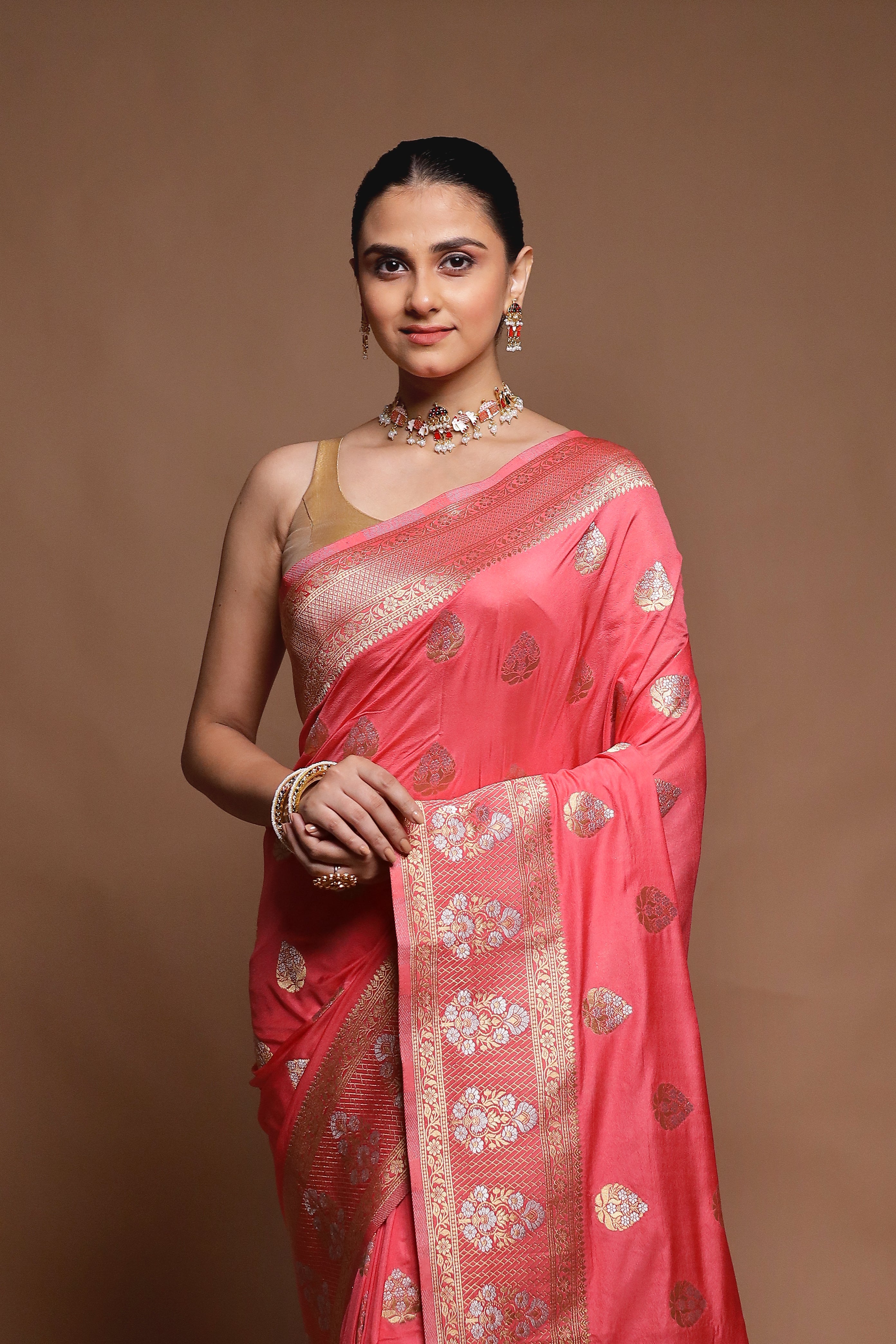 Pink Dupion Silk Saree With Blouse Piece
