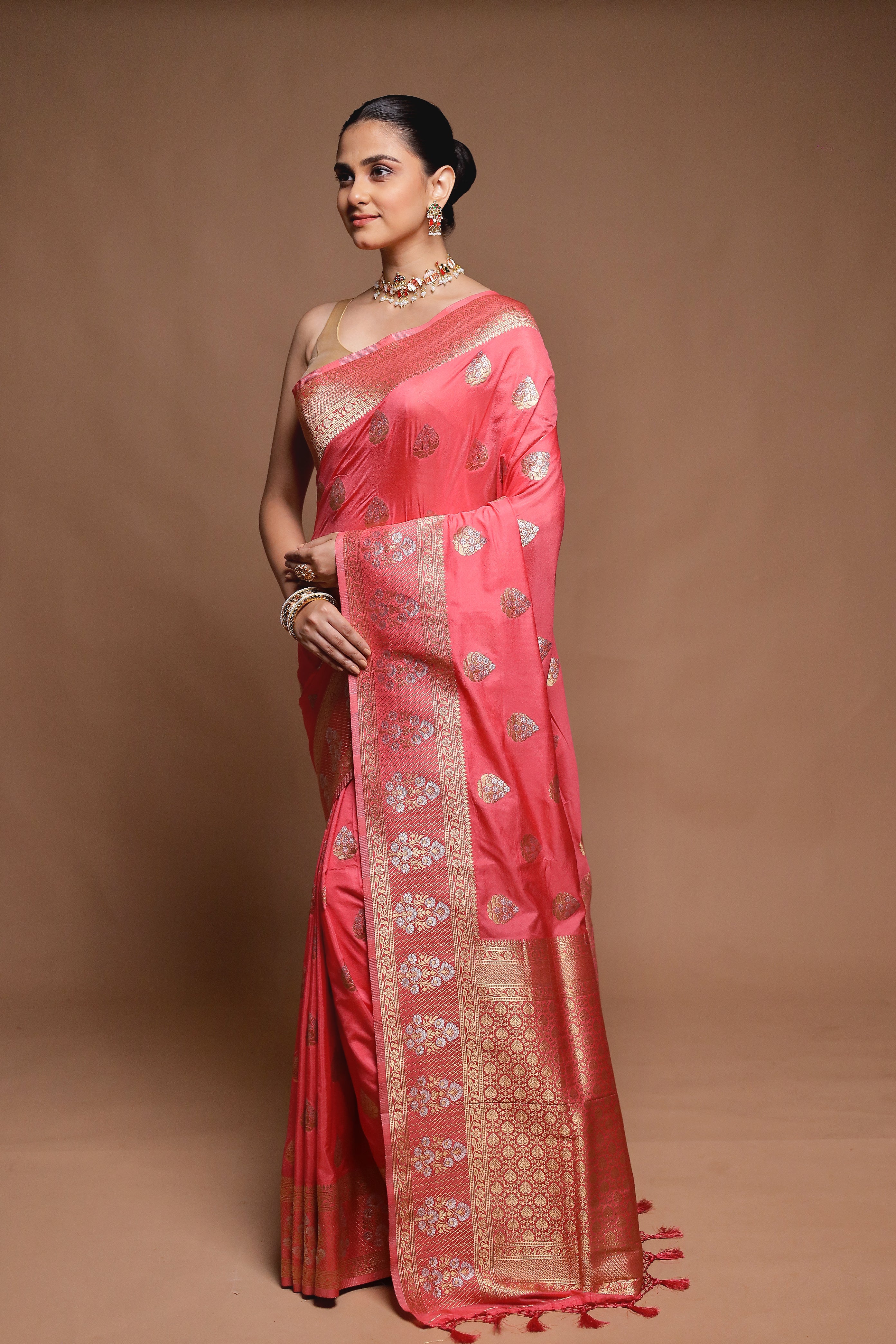 Pink Dupion Silk Saree With Blouse Piece