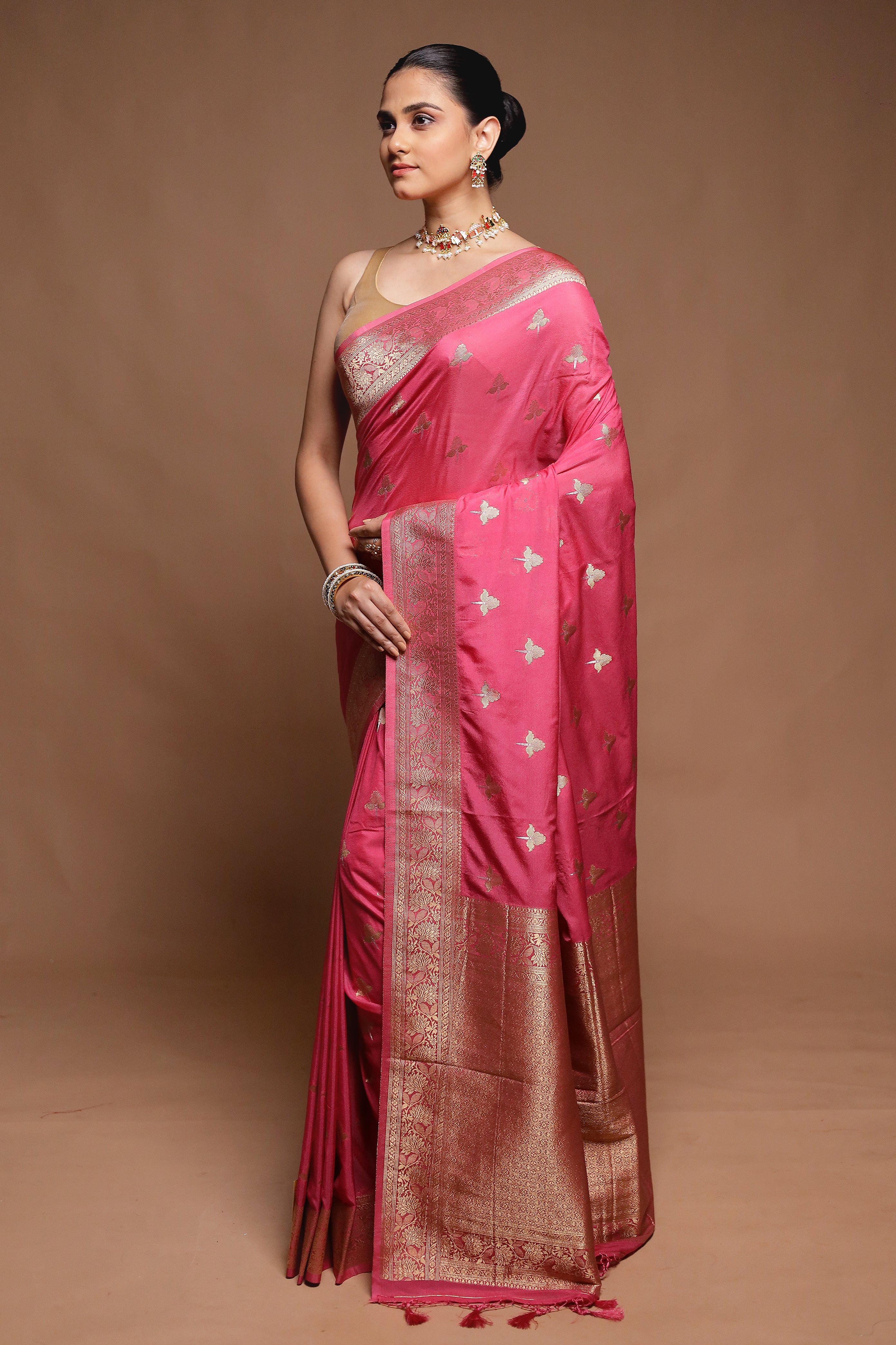 Pink Dupion Silk Saree With Blouse Piece