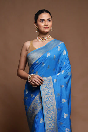 Blue Dupion Silk Saree With Blouse Piece