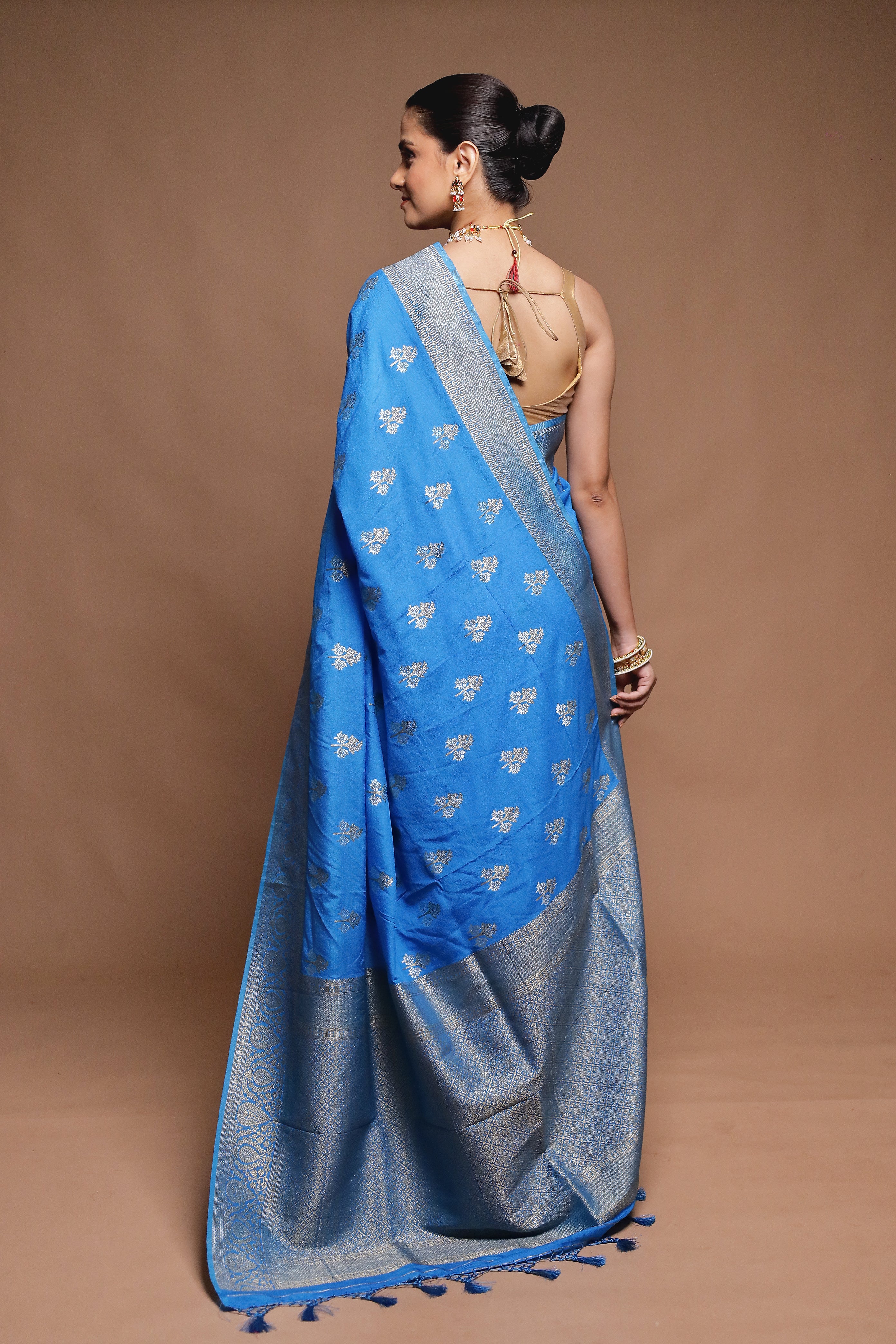 Blue Dupion Silk Saree With Blouse Piece