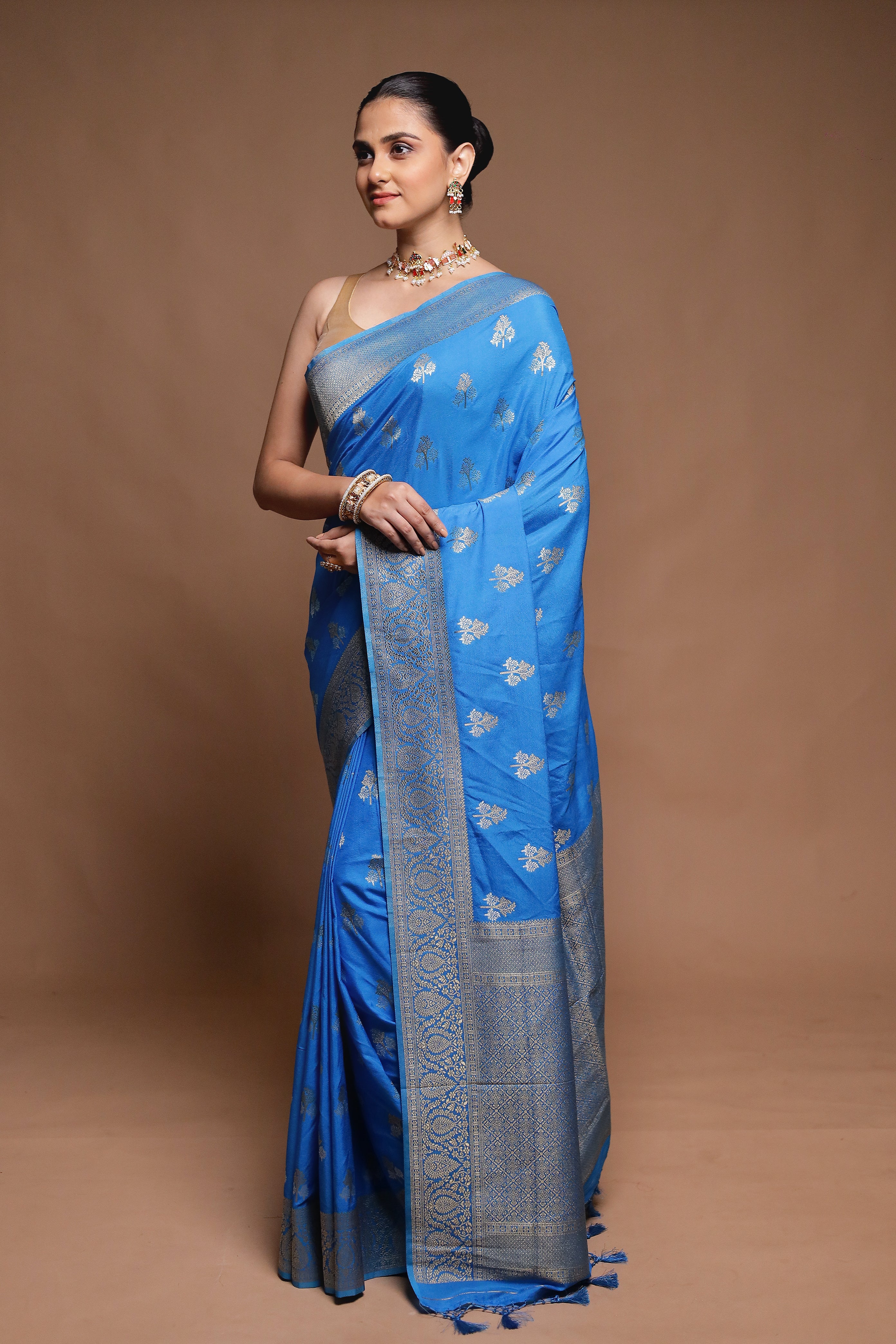 Blue Dupion Silk Saree With Blouse Piece