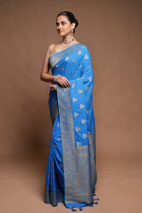 Blue Dupion Silk Saree With Blouse Piece
