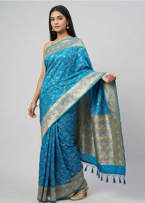 Blue Dupion Silk Saree With Blouse Piece