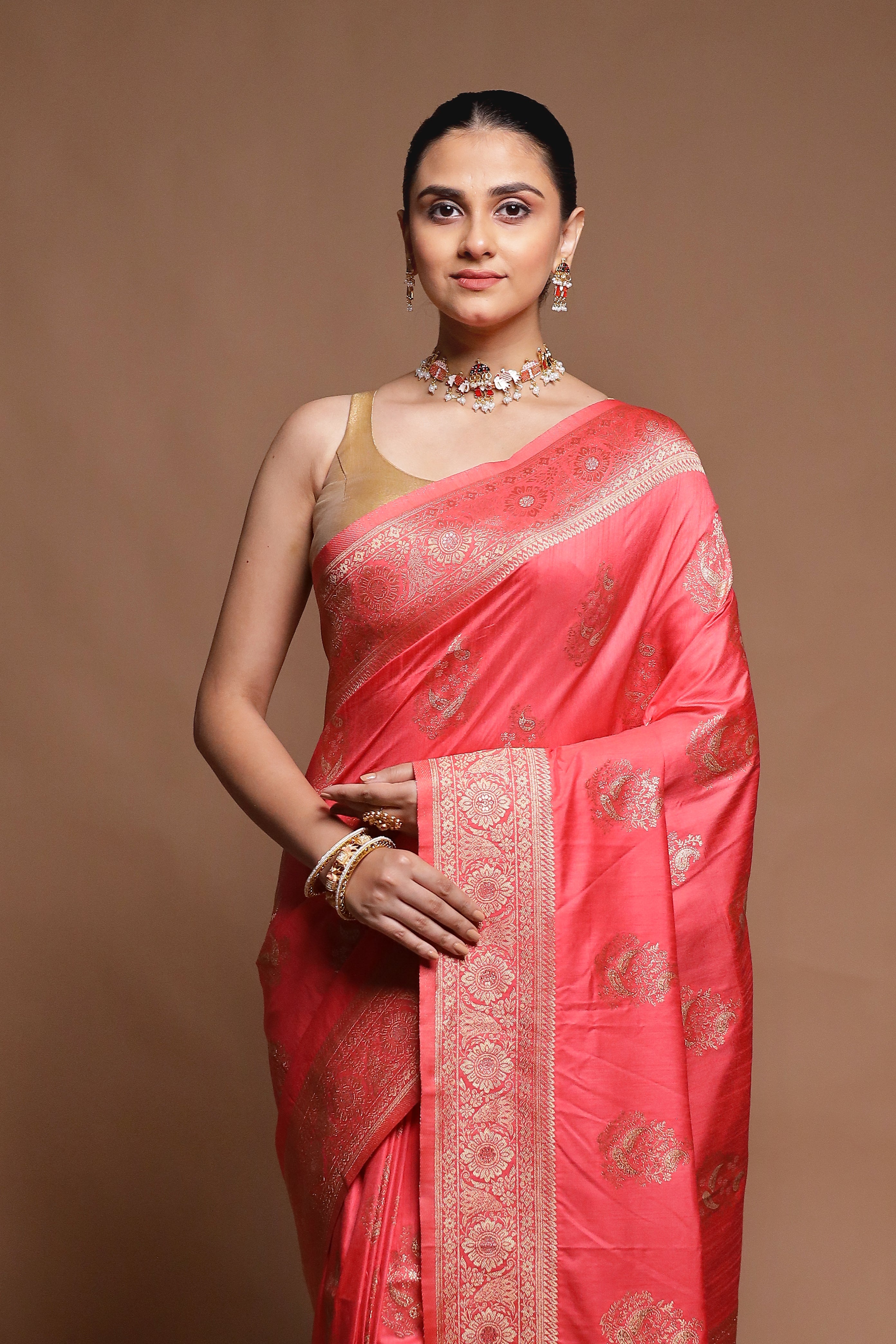 Pink Dupion Silk Saree With Blouse Piece