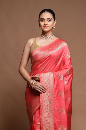 Pink Dupion Silk Saree With Blouse Piece