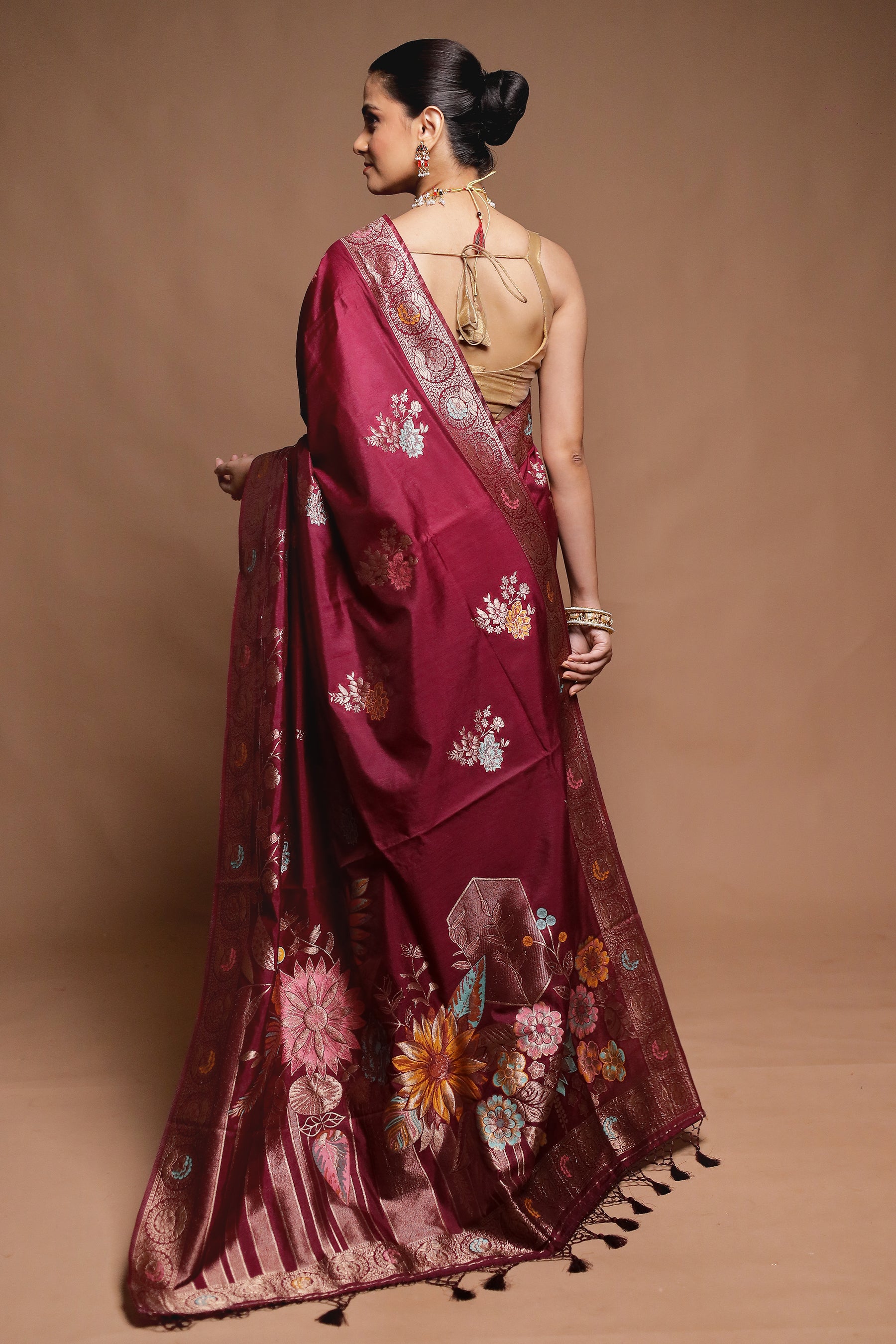 Maroon Dupion Silk Saree With Blouse Piece