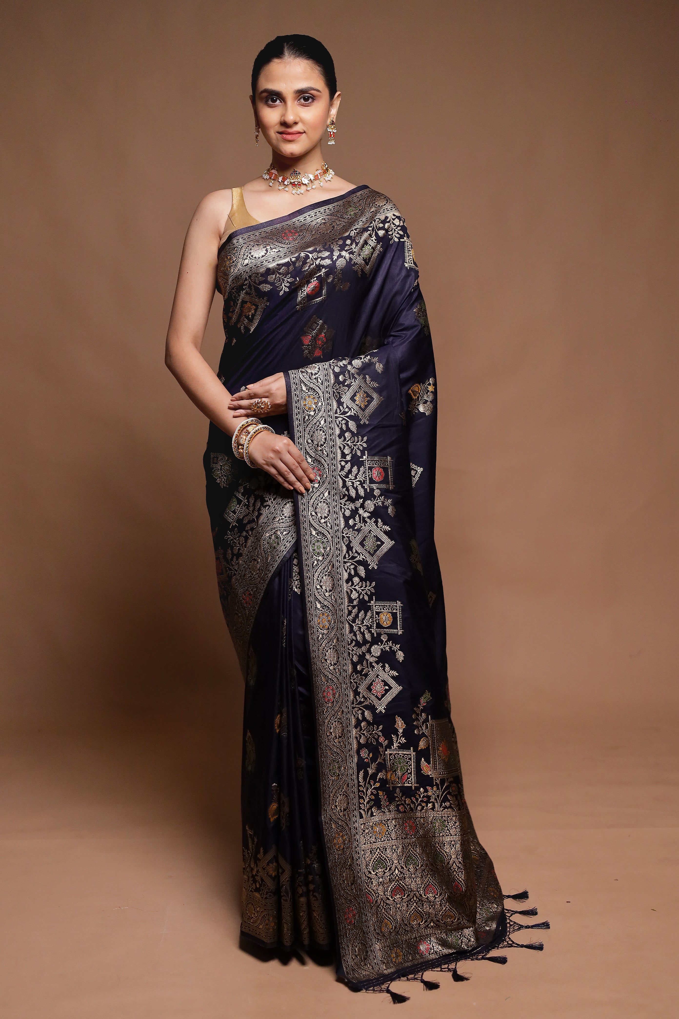 Blue Dupion Silk Saree With Blouse Piece