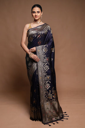 Blue Dupion Silk Saree With Blouse Piece