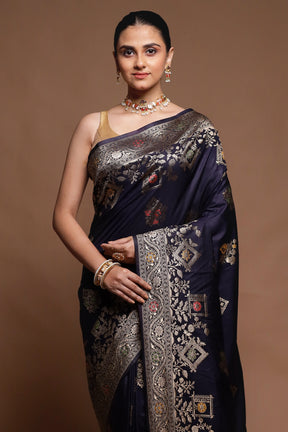 Blue Dupion Silk Saree With Blouse Piece