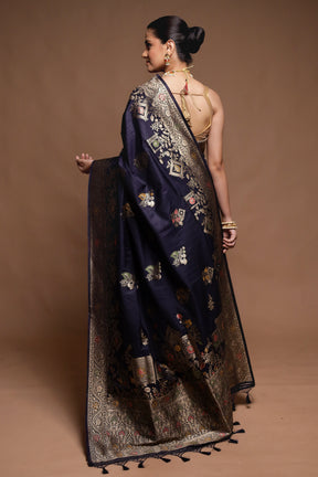 Blue Dupion Silk Saree With Blouse Piece
